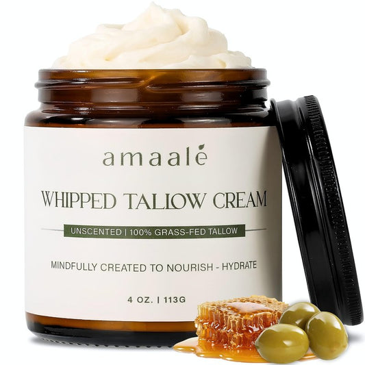 amaalé 100% Grass-Fed Whipped Tallow Cream (Unscented) - Halal-Certified Beef Tallow for Skin with Organic Raw Honey, Olive Oil & Vitamin E - Natural Face & Body Moisturizer for All Skin Types, 4 oz
