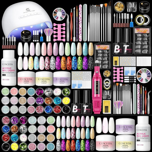 58PCS Acrylic Nail Kit for Beginners with Everything, 3 Colors Professional Acrylics Powder with Drill and U V Light 24pcs Glitter Decoration Complete Acrylic Nail Set Home Salon Design Gift Set