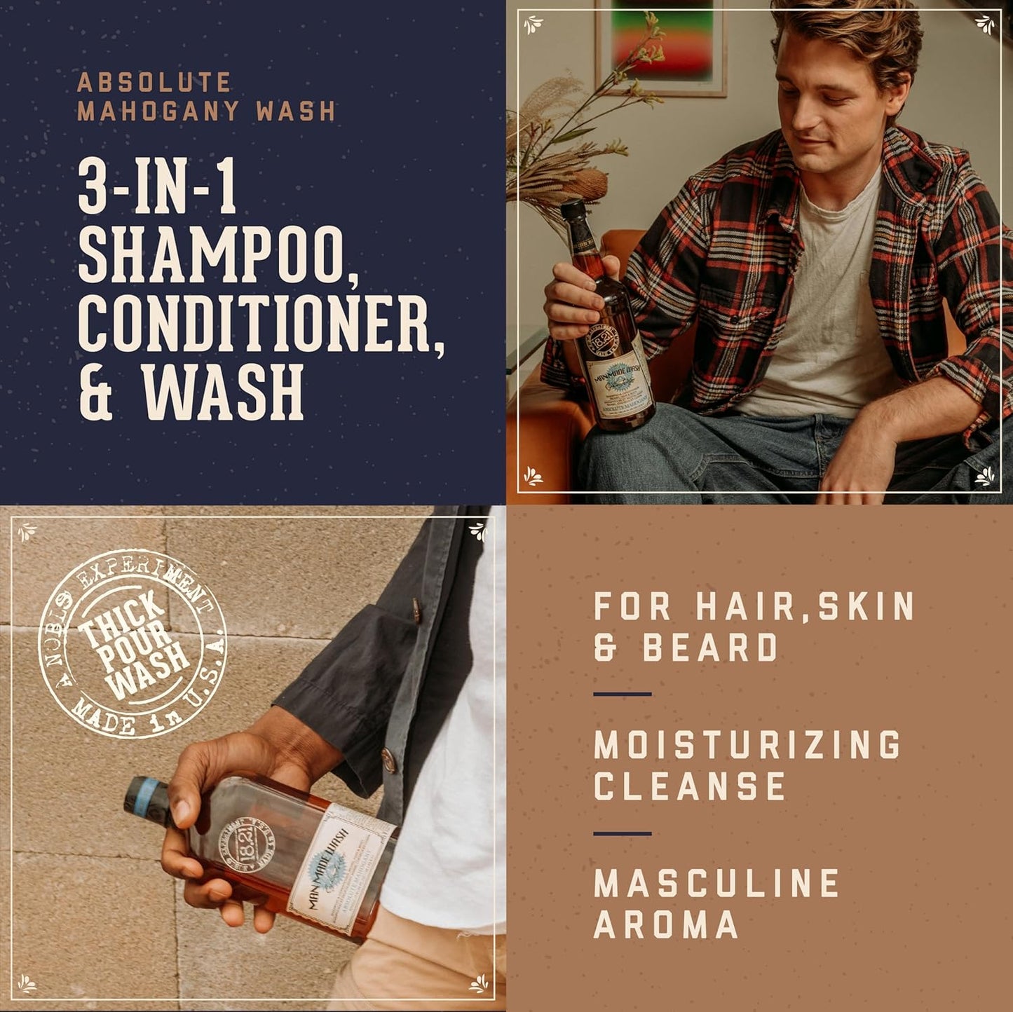 18.21 Man Made 3-in-1 Body Wash, Shampoo & Conditioner - Mahogany Scent, 3.4oz for All Hair & Skin Types