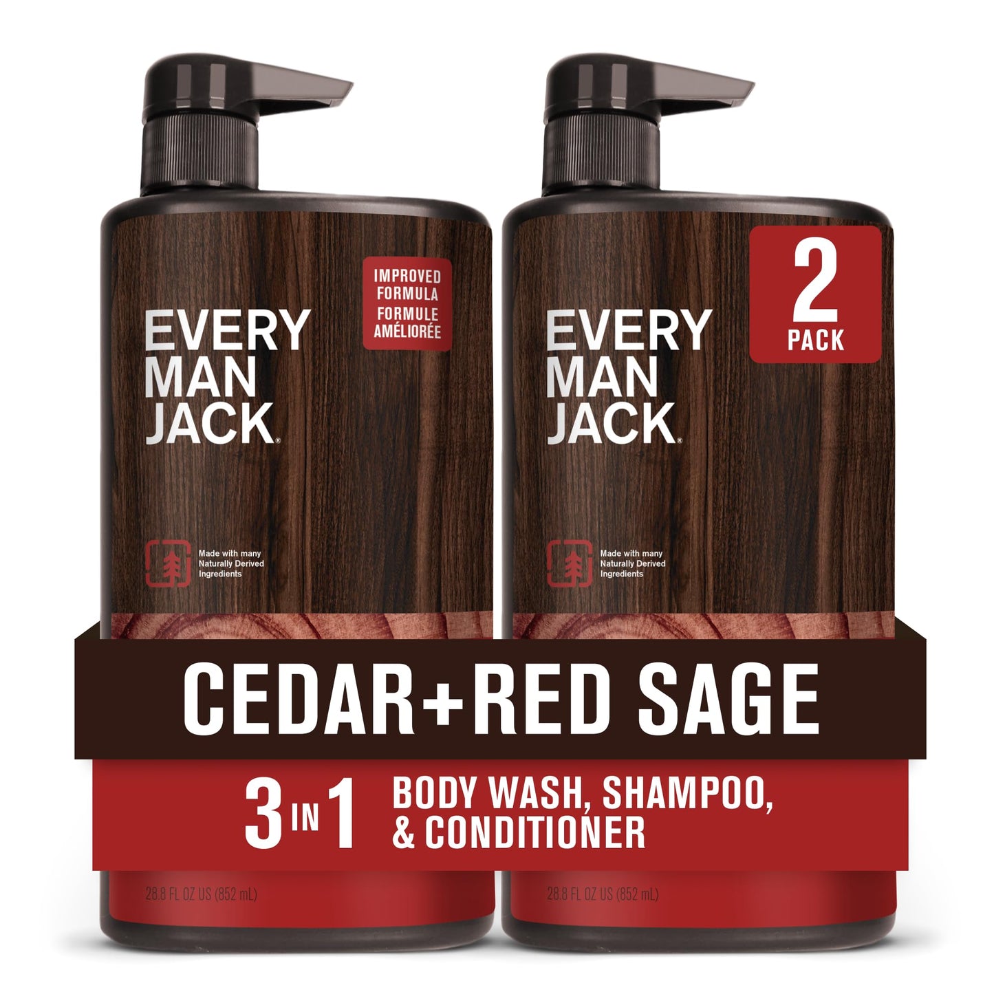 Every Man Jack Cedar + Red Sage Mens 3-in-1 All Over Wash for All Skin and Hair Types - Body Wash, Shampoo and Conditioner with Naturally Derived Ingredients - Paraben & Dye Free - 28.8oz - 2 Pack