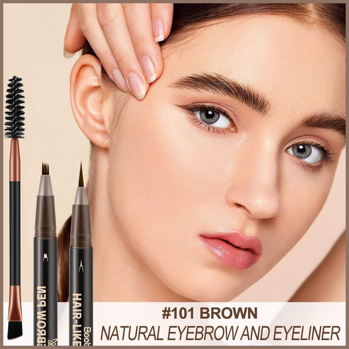 Boobeen 3pcs Waterproof Eyebrow Pen，Dual-Ended Eyeliner Microblading Eyebrow Pencil for Women，Long Lasting Hair-Like Brow Pen with Brow Brush，Dark Brown