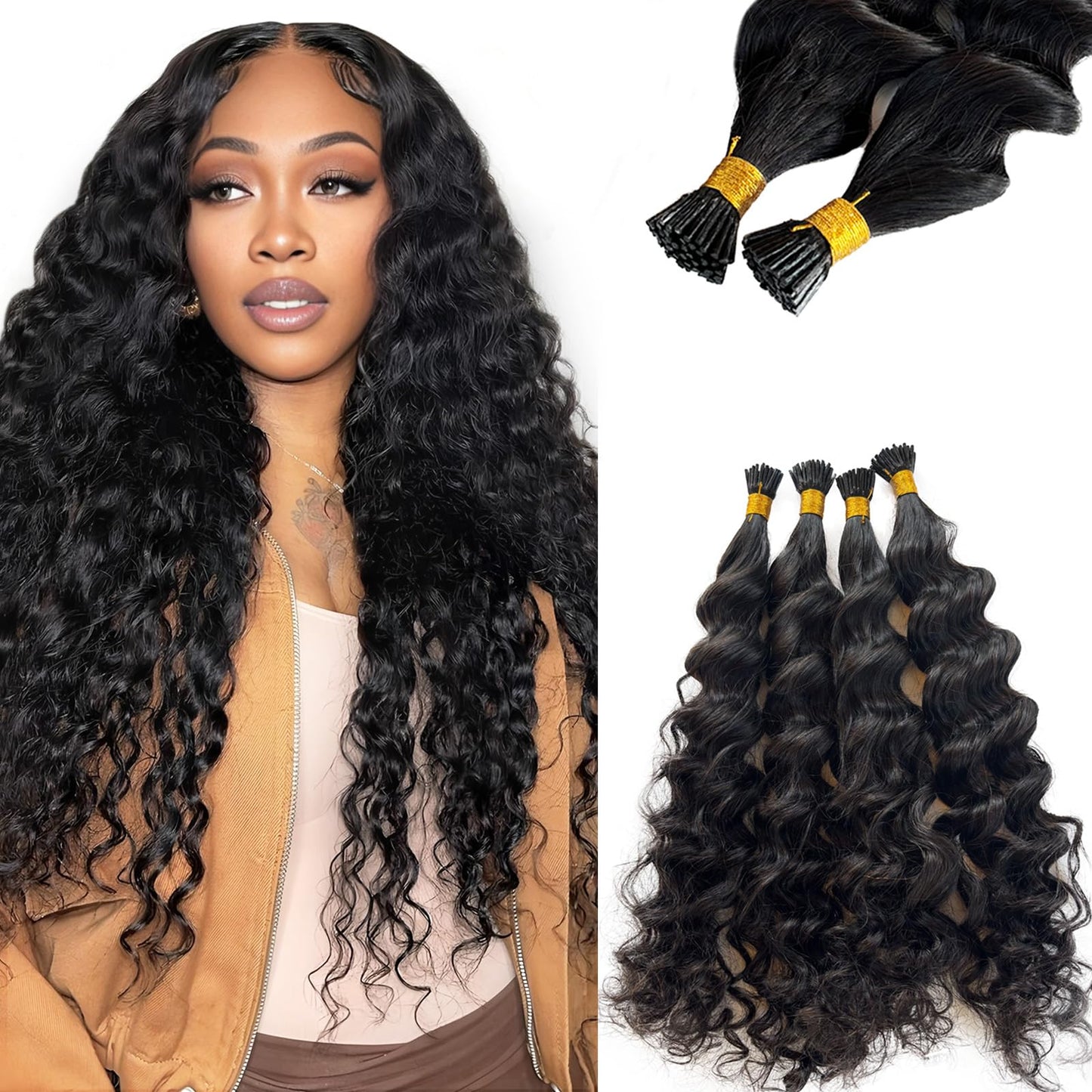 Deep Wave Human Hair Itip Extensions 22 Inch Black Curly I Tip Extensions