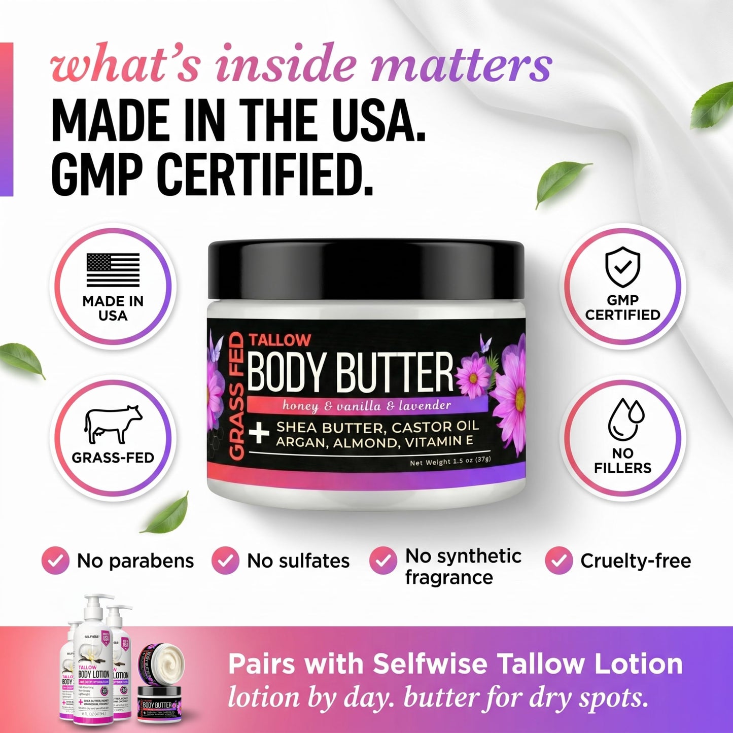 SELFWISE Beef Tallow Body Butter Cream - Grass-Fed Whipped Balm with Honey, Shea Butter, Castor Oil & Calendula - Non-Greasy, Long Lasting Hydration - for Extra Dry and Sensitive Skin.