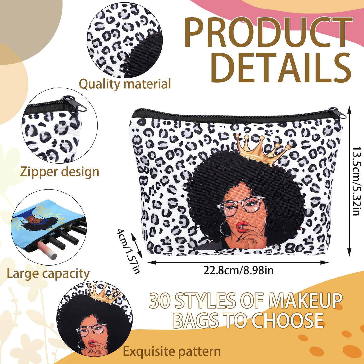Sweetude 30 Pcs Black Women Cosmetic Bags African American Makeup Bag Reusable Canvas Toiletry Bag Zipper Pouches for Purse Afro Travel Organizer Toiletries Accessories Inspirational Gift