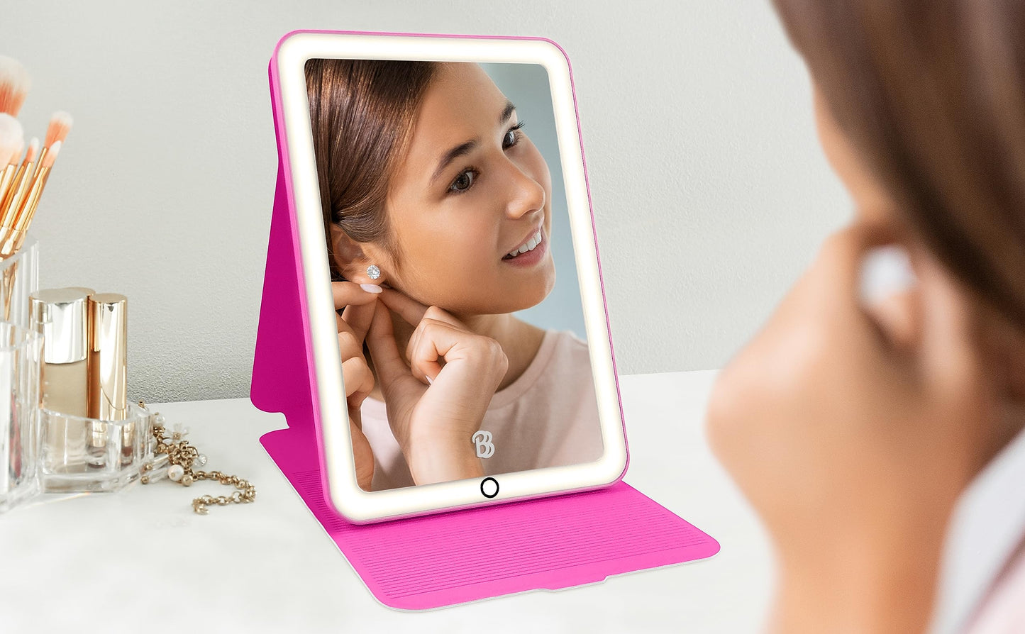 eKids Barbie Travel Mirror with Light and Adjustable Stand, Shatterproof Makeup Mirror with Rechargeable Battery, Designed for Fans of Barbie Accessories and Gifts