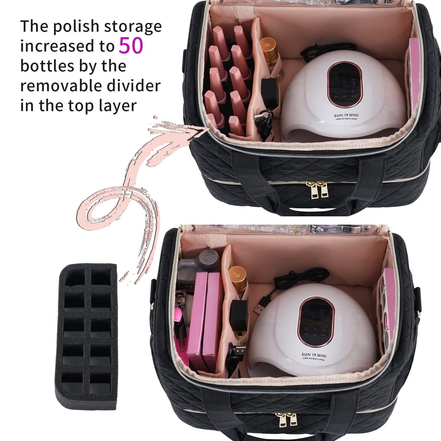GR69N Nail Polish Organizer Case,Nail Storage Organizer Holds Nail Lamp & 50 Bottles Nail Polish,Travel Nail Tech Case,Nail Kit Organizer Bag Fits Nail Supplies & Manicure Tools,Black (Patented)