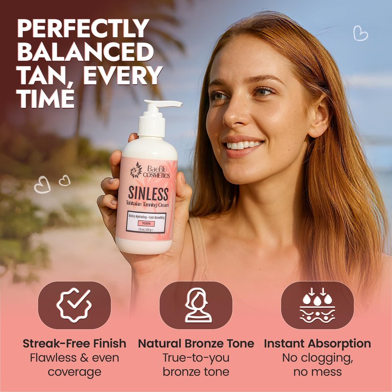 BaeBlu - Sinless Tahitian Self Tan Lotion - Sunless Tanning Lotion with Hydrating Monoi de Tahiti & Coconut Oils for Streak-Free, Golden Tan - No Orange, No Synthetic Fragrance - Vegan & Cruelty-Free