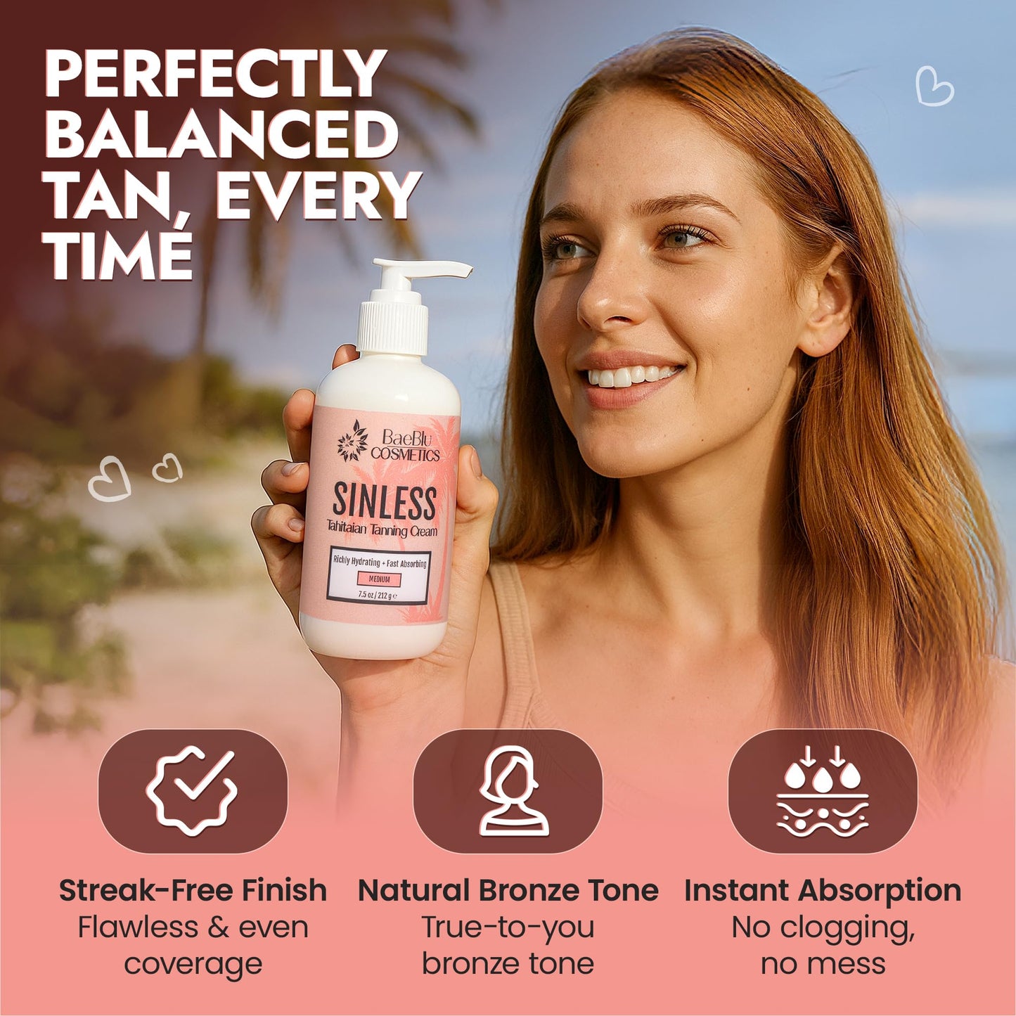 BaeBlu - Sinless Tahitian Self Tan Lotion - Sunless Tanning Lotion with Hydrating Monoi de Tahiti & Coconut Oils for Streak-Free, Golden Tan - No Orange, No Synthetic Fragrance - Vegan & Cruelty-Free