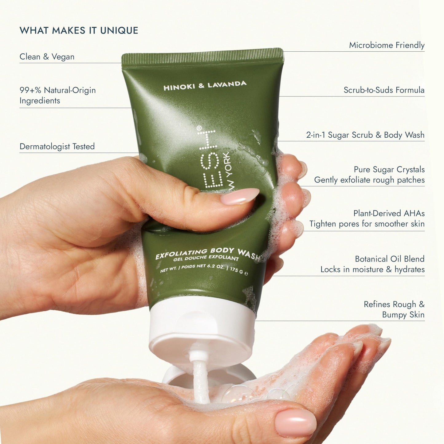 VOESH Sugar Scrub & Exfoliating Body Wash with Plant-Derived AHAs & Vegan Probiotics, K-Beauty Korean Skincare (Hinoki & Lavanda)