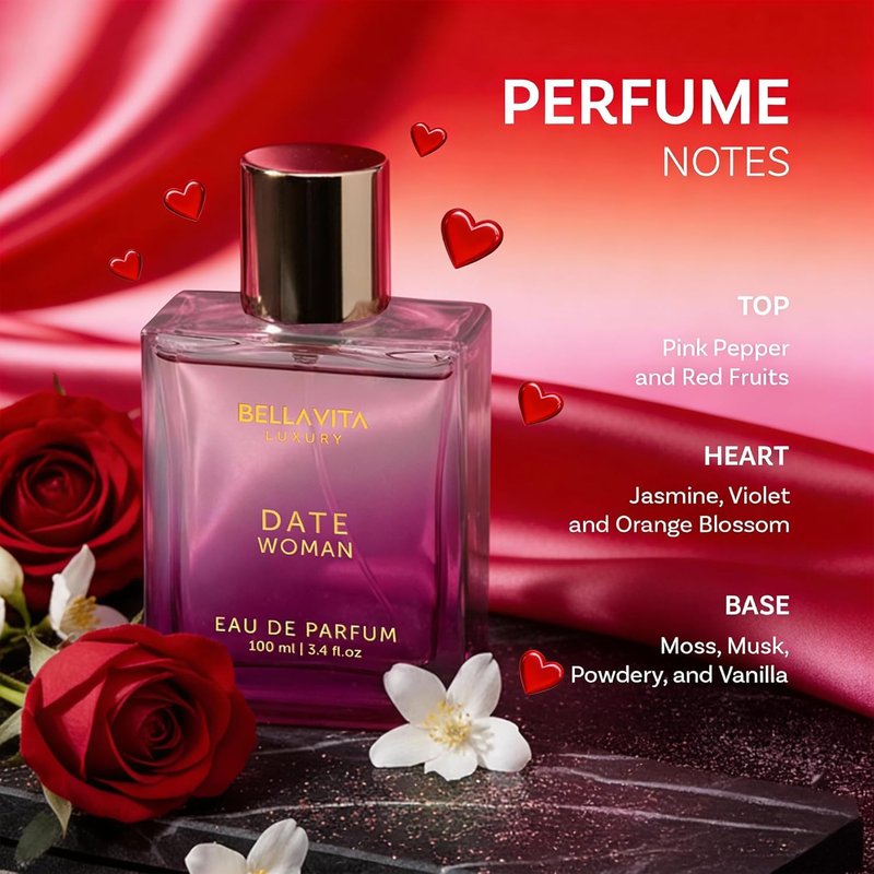 Bellavita Luxury DATE Eau de Parfum - Floral Jasmine & Pink Pepper Scent | 100 ml (3.4 fl. oz.) | Perfect Mother's Day Gift