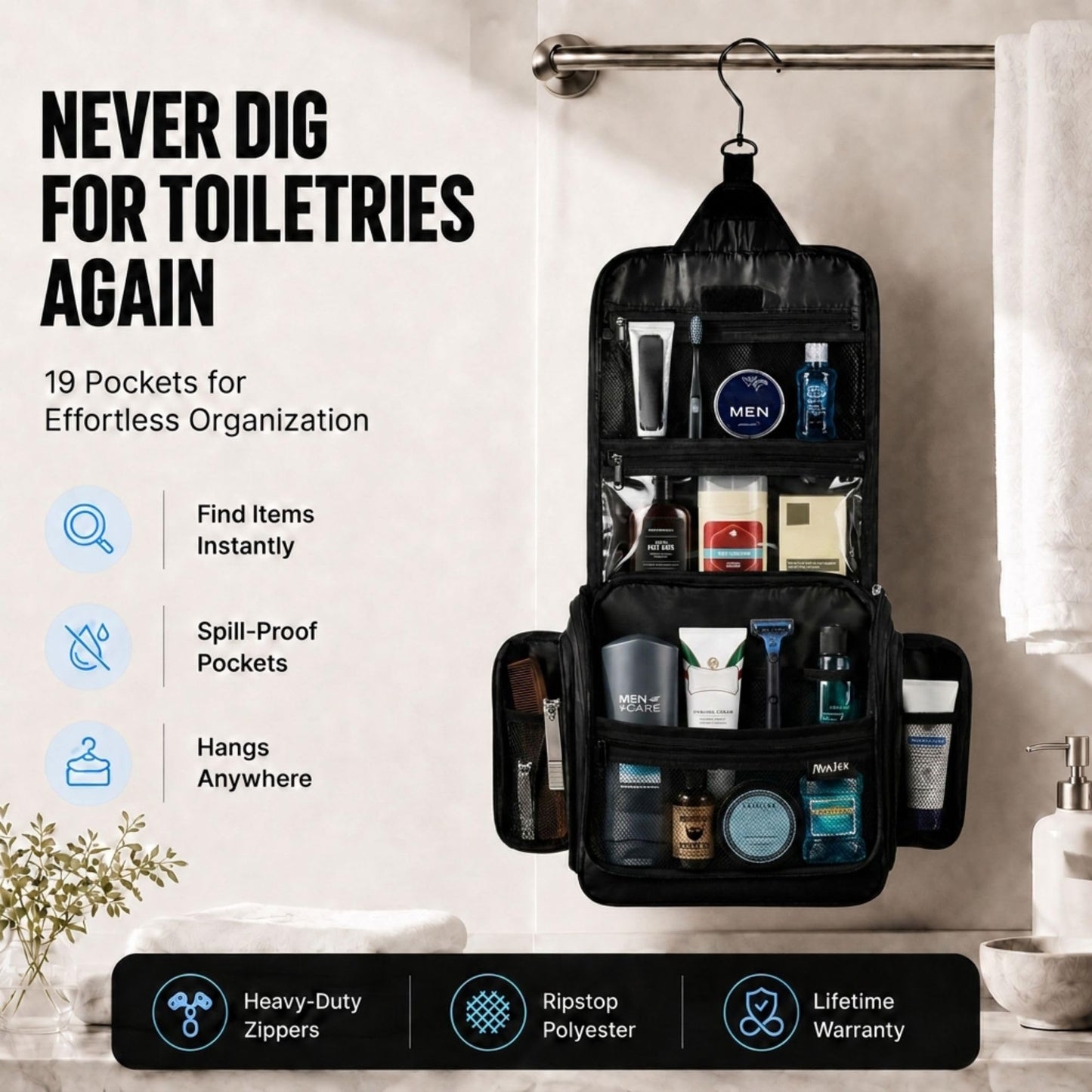 AvaJex Travel Toiletry Bag for Men - Large Dopp Kit (10.6"x10.6"x3.2") - Hanging Waterproof Mens Hygiene Organizer Bag with XXL Metal Swivel Hook, Sturdy Zippers and 19 Compartments for Toiletries