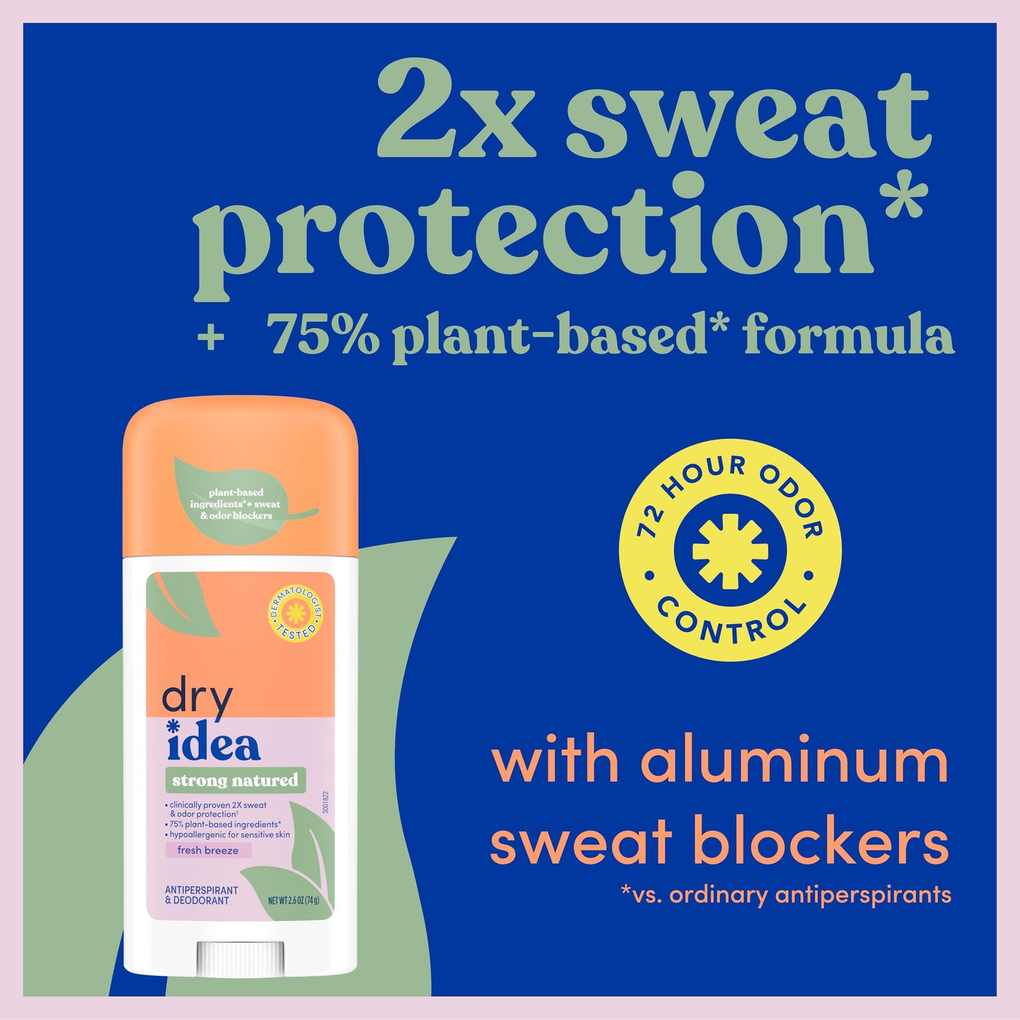 Dry Idea Plant Based Antiperspirant with Aluminum Sweat Blockers Invisible Solid Deodorant for Women – Fresh Breeze Scent, 72Hr Sweat & Odor Control for Sensitive Skin, 3pk