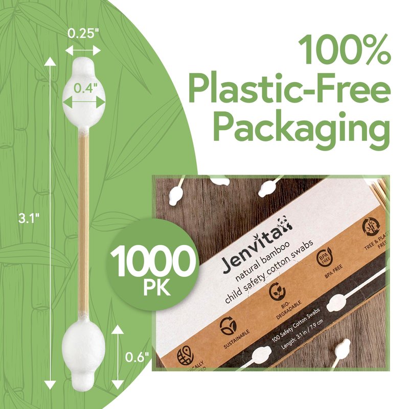 Jenvita 100% Bamboo Swabs for Ears (1000-Pack) - Safety Cotton Swabs for Baby & Personal Care | Safe, Organic Bamboo Baby Ear Cleaner | FSC Certified & Hypoallergenic, Made for All Ages & Pets