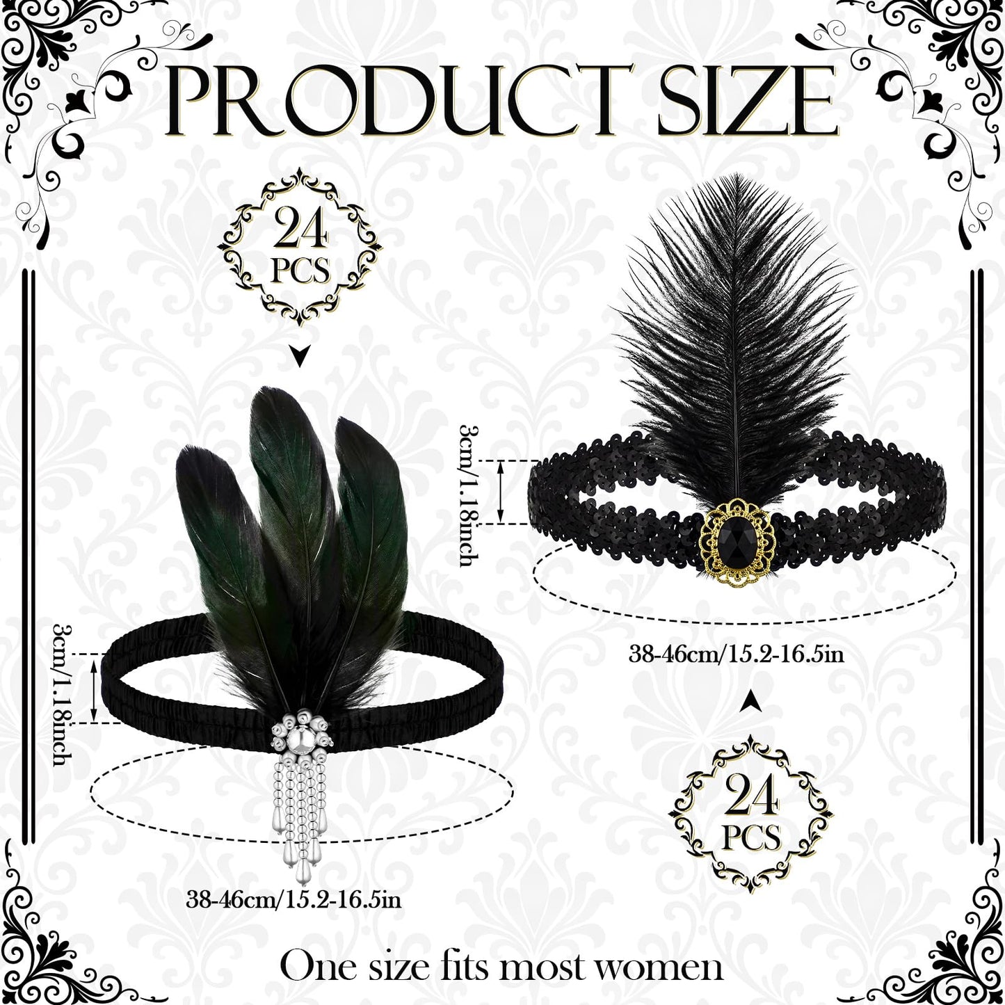 Ceenna 24 Pieces 1920s Flapper Headband Black Feather Headband Costume Flapper Headpiece 20s Rhinestone Hair Accessory for Women