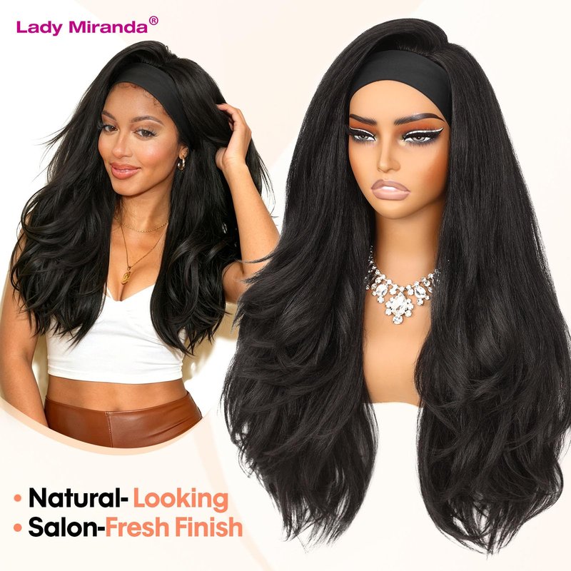 Lady Miranda 26 Inch Yaki Wavy Headband Wigs for Black Women Wear and Go Kinky Straight Headband Wig with Layered Blowout Texture Lightweight Glueless Half Wig Natural Looking Synthetic Wig