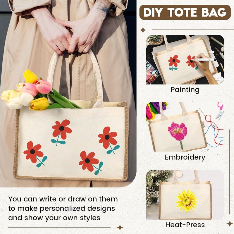 Jute Burlap Tote Bag Set - 4 Reusable Bags with Canvas Makeup Pouch | Simple Beige Gift Bags for Weddings & DIY Crafts