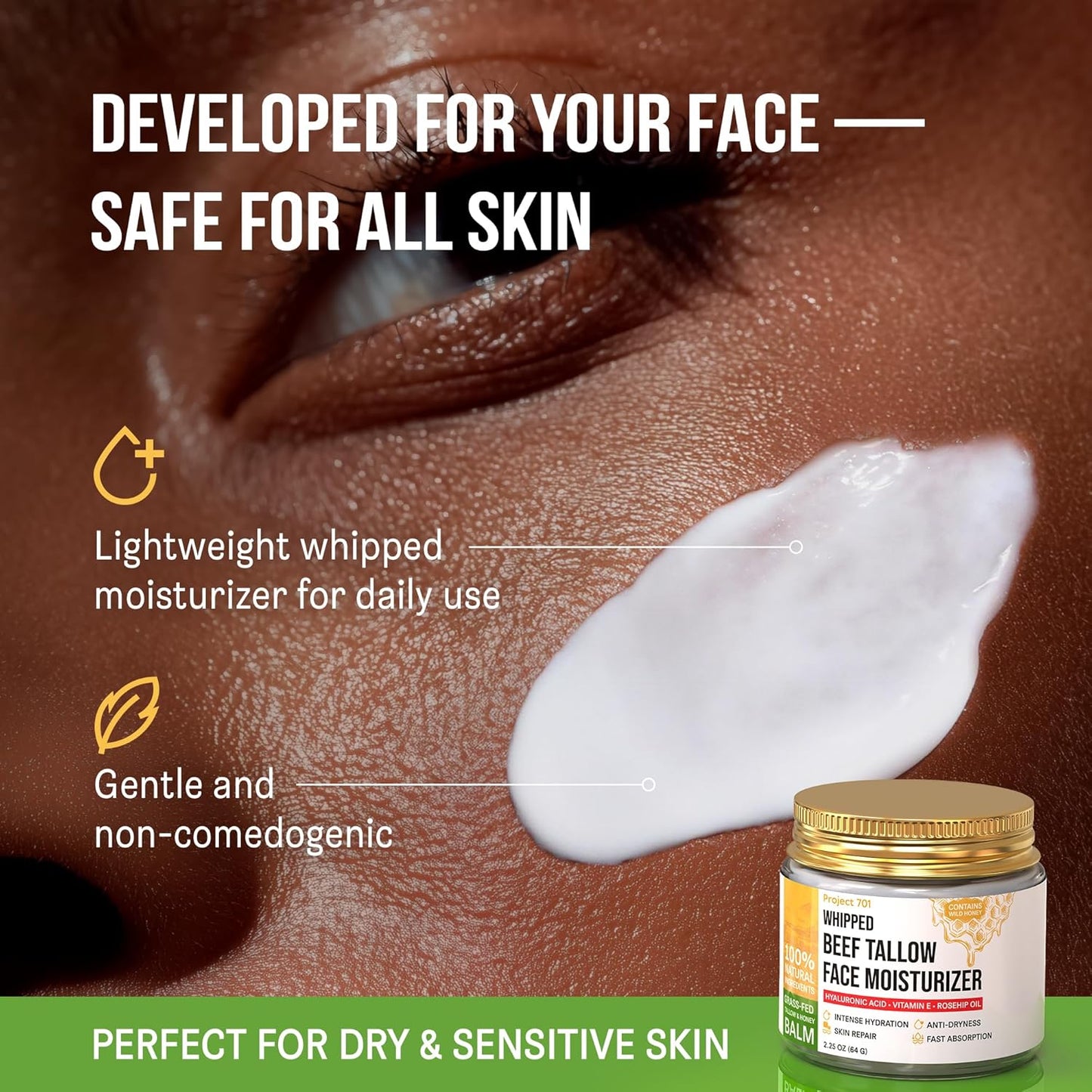 Beef Tallow Face Cream - All-Natural Moisturizer with Honey & Hyaluronic Acid | 2.25 oz for Dry, Sensitive Skin
