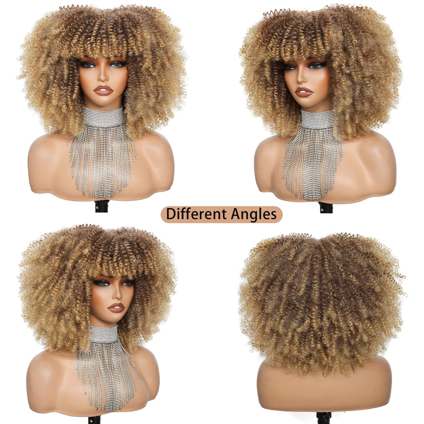 Charming cascade Curly Afro Wig with Bangs, Ombre Blonde 11 Inch Long Kinky Curly Wig, Voluminous Natural Fluffy Curly Synthetic Fiber Glueless Wigs for Black Women Hair Replacement Wigs