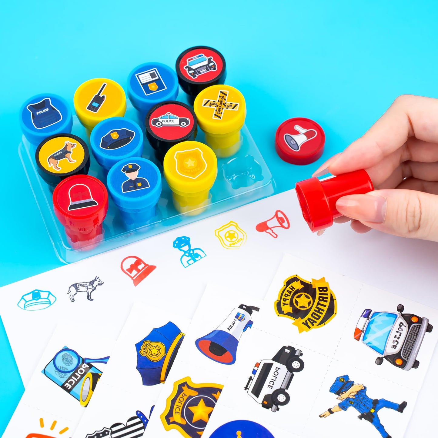 36PCS Police Party Favors - 24PCS Pre-Cut Temporary Tattoos & 12PCS Stamps - Ideal Police Officers Cops Themed Birthday Card Decorations Supplies Goodie Bag Kids Gifts Classroom Rewards Prizes