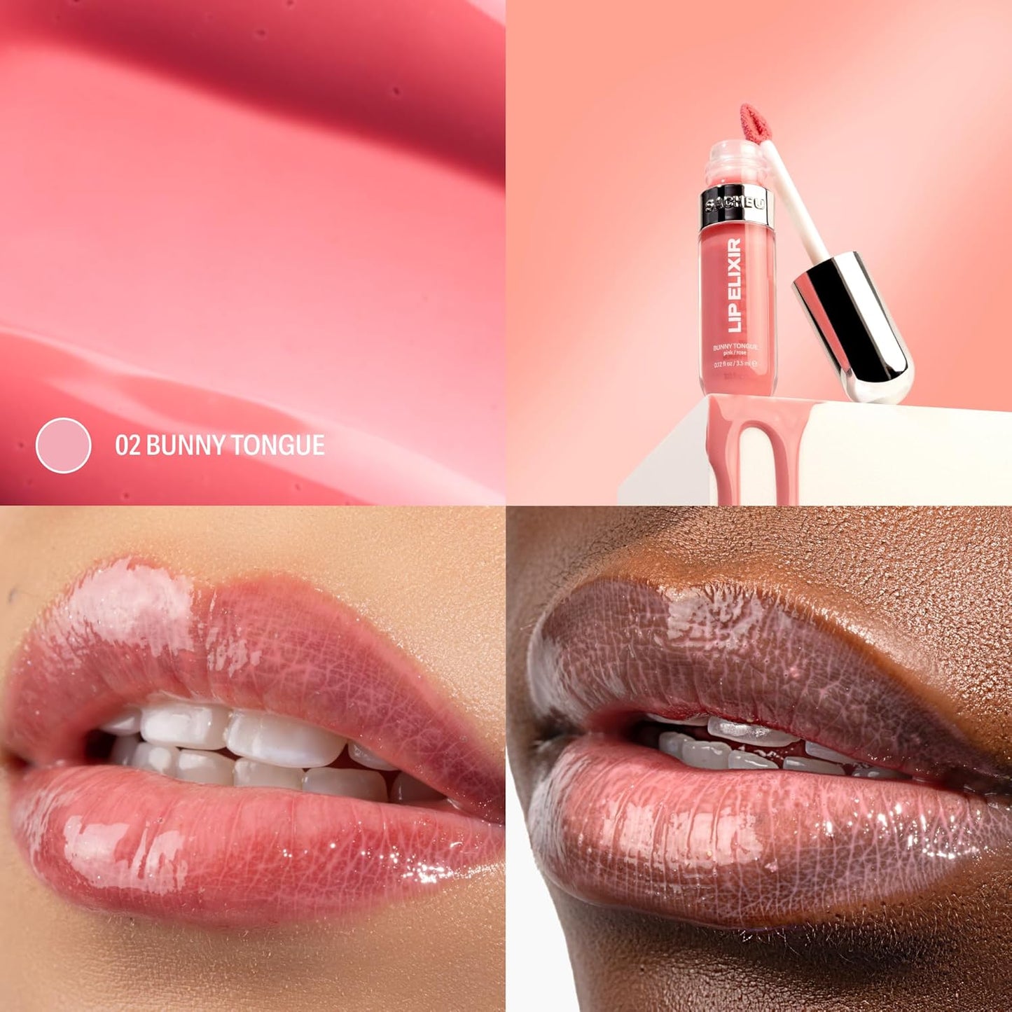 Sacheu Lip Elixir - Nourishing Hydrating Lip Gloss with Collagen | Non-Sticky High-Shine Finish (Bunny Tongue)