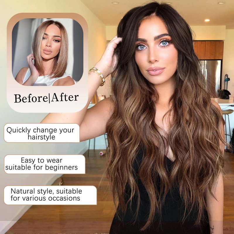 XIXIBI Long Brown Wigs for Women Ombre Brown with Blonde Highlights Wavy Wig Synthetic Middle Part Natural Looking Heat Resistant Wigs for Daily Party Use