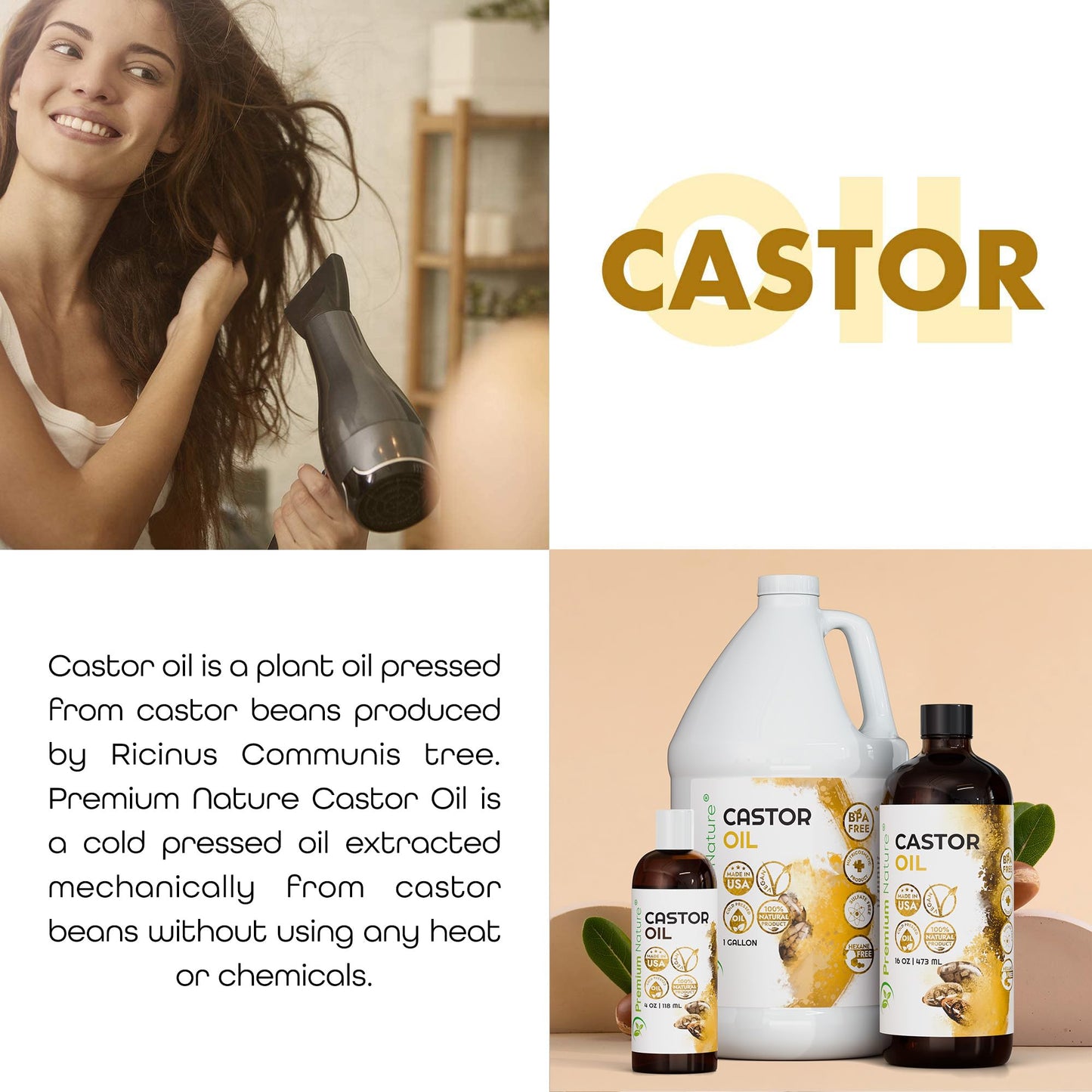 Castor Oil Pure Carrier Oil - Cold Pressed Castor Oil for Essential Oils Mixing Natural Skin Moisturizer Body & Face, Eyelash Caster Oil, Eyelashes Eyebrows Lash & Hair Growth Serum 1 Gallon