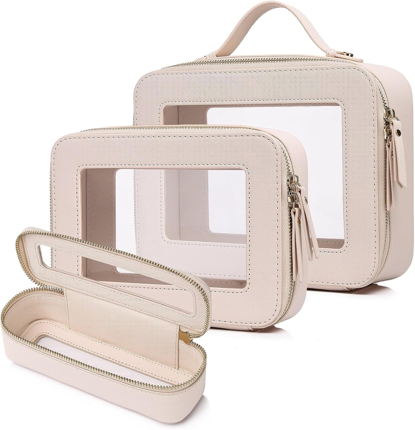 Travel Makeup Set - Waterproof Transparent Cosmetic Bag & Toiletry Organizer | Makeup Brush Case for Women (Beige, L+M+Slim)