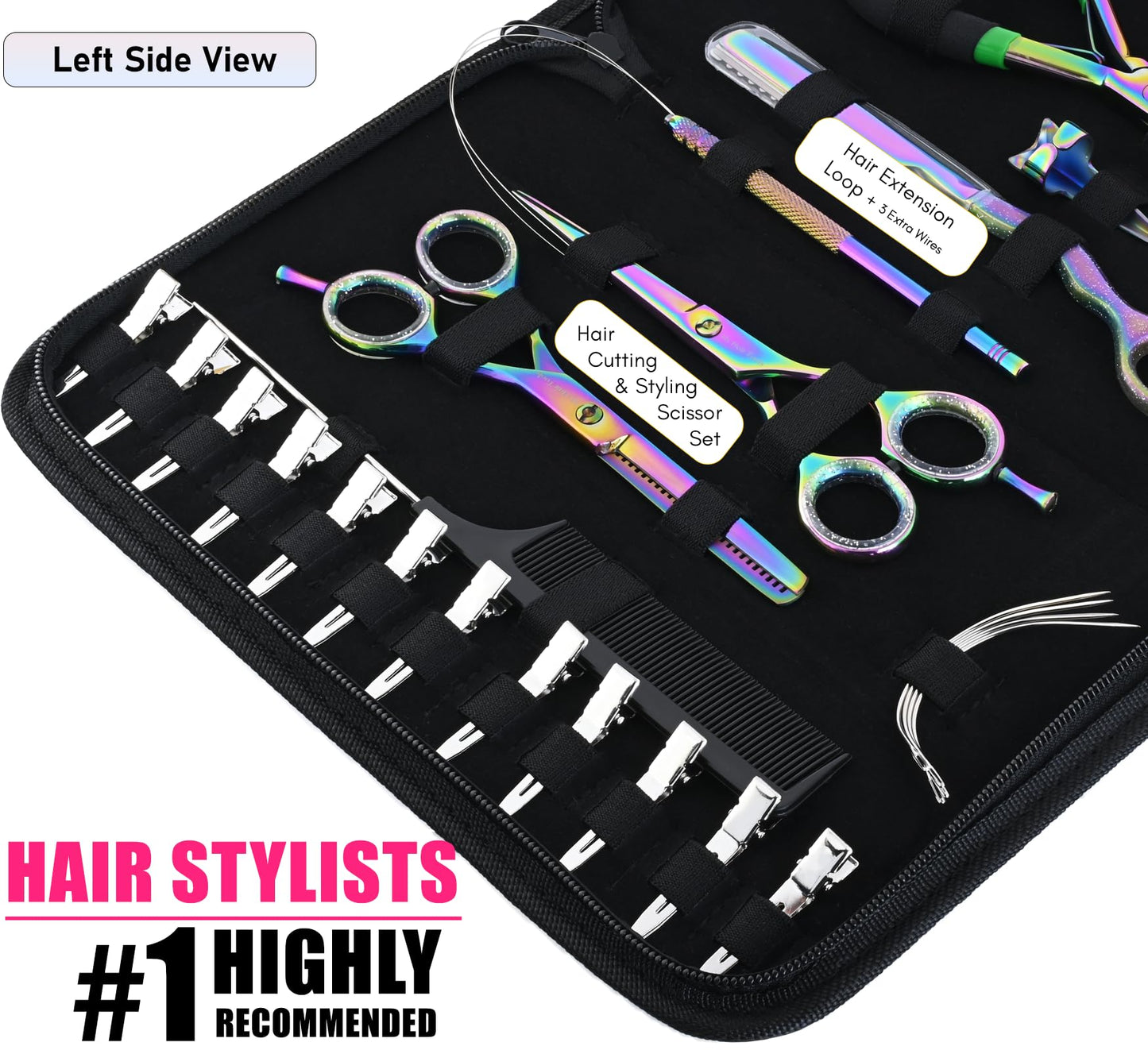 My Hair Tools Hair Extension Tools Kit – Tape-in Press Plier, Keratin Bond Cutter, 3 Hole Nano & Micro Beads Crimping & Remover Pliers, Hair Parting Tool, Mini Scissor, 12pcs Clips & Needles (Black)