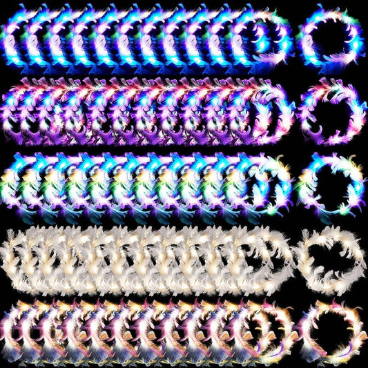 Taiyin 30 Pieces LED Feather Crown Headbands Light up Wreath Headband Flower Crowns for Women Glow in The Dark Headband for Wedding Reception Mardi Gras Cosplay Party Favors (Multiple Colors)