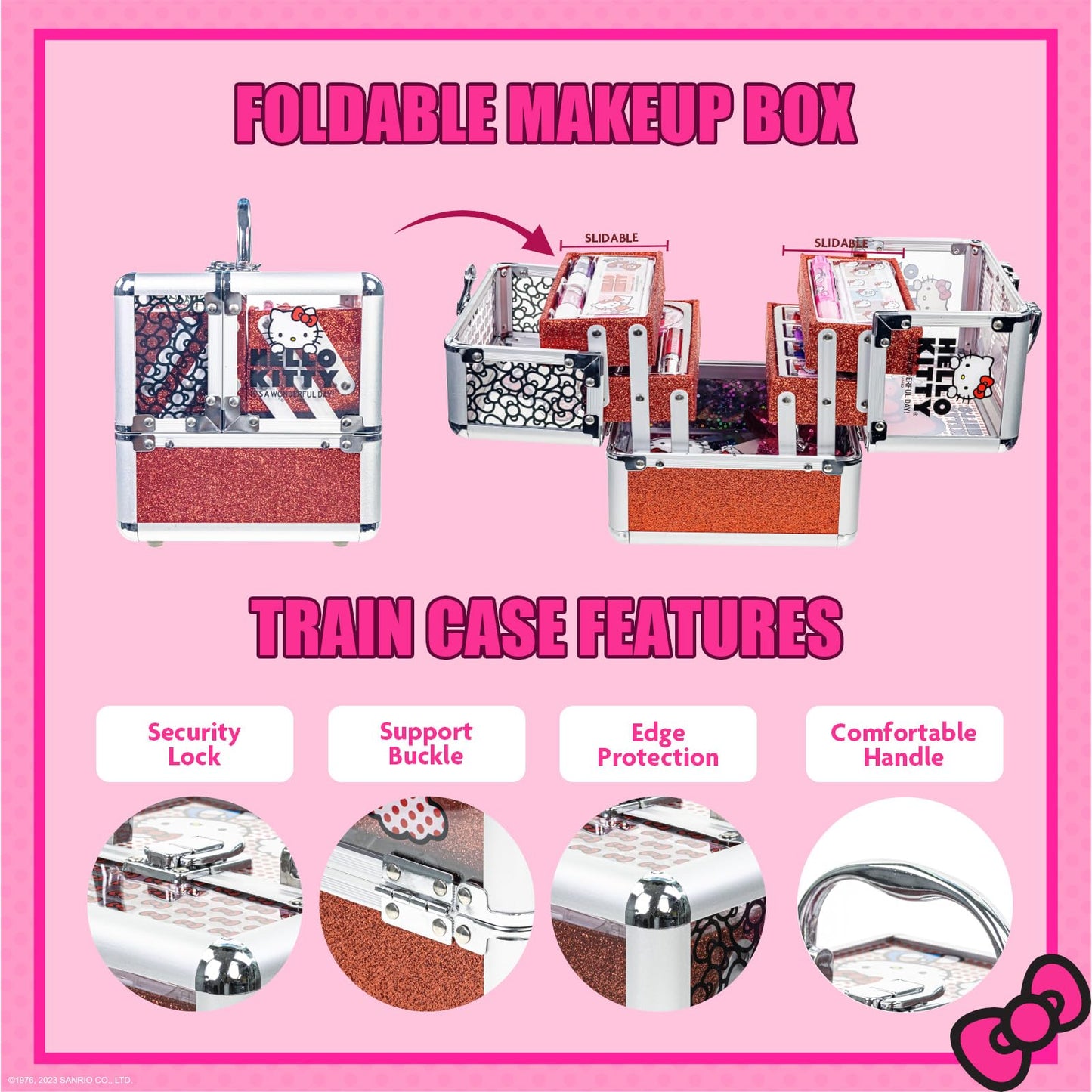 Hello Kitty Train Case Cosmetic Makeup Set Includes Lip Gloss, Eye Shimmer, Nail Polish, Hair Accessories & More! For Girls, Ages 6+ Perfect for Parties & Makeovers by Townley Girl