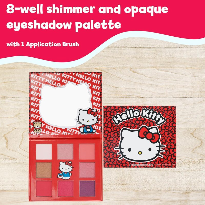 Hello Kitty 8-Well Eyeshadow Palette - Shimmery, Pigmented Colors | Non-Toxic, Includes Brush, Perfect for Parties & Makeovers