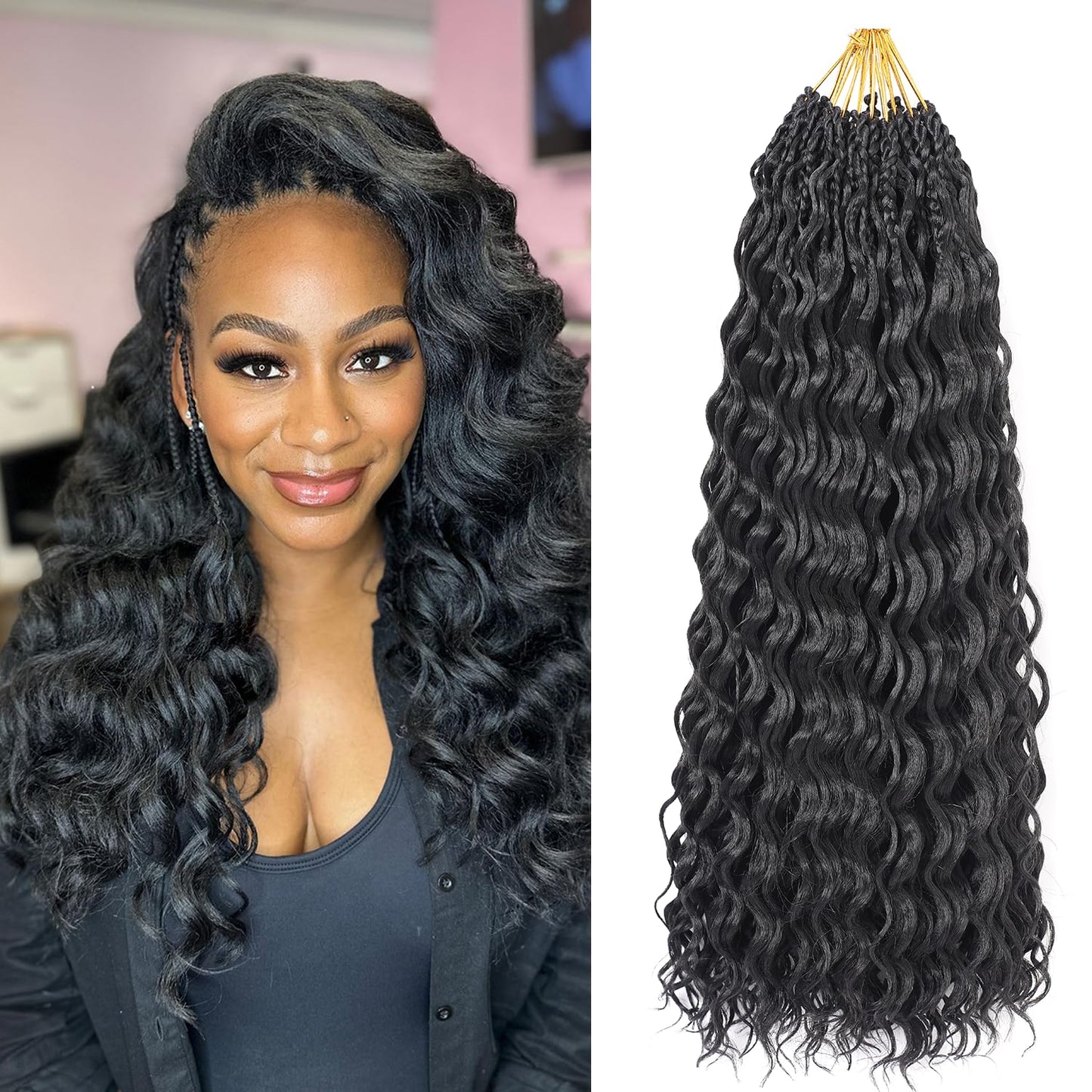 Ocean Wave Crochet Hair Pre Looped Curly Crochet Hair for Black Women Short Deep Wave Pre Looped Synthetic Crochect Hair 18 Inch 9 Packs (1B)