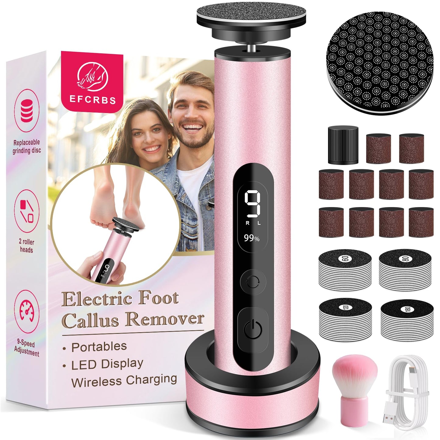 EFCRBS Electric Foot Callus Remover with LED Battery Level (Pink)