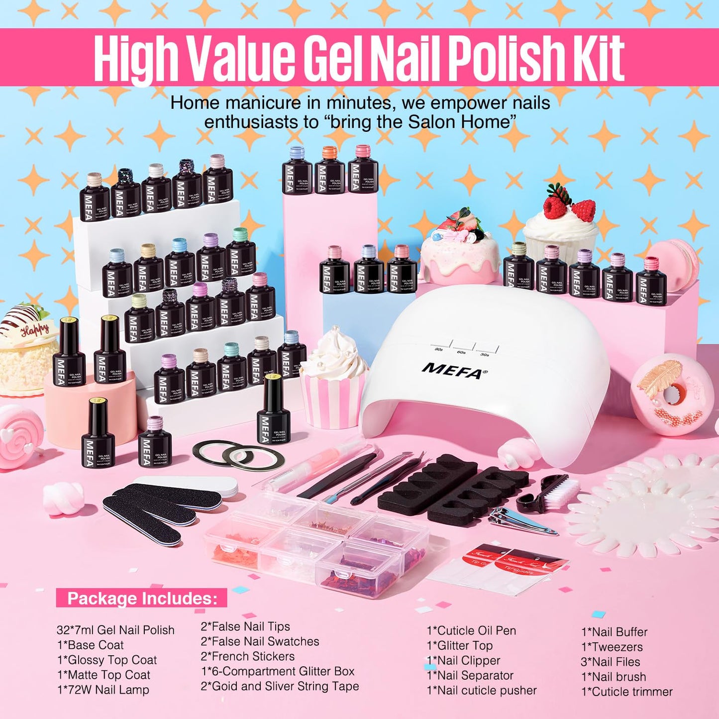 MEFA 32 Colors Gel Nail Polish Kit with U V Light, Spring Gel Nail Kit Pastel Pink Blue Glitter Gel Nail Polish Set with Matte/Glossy Base Top Coat Manicure Tool Nail Art Decorations Gift