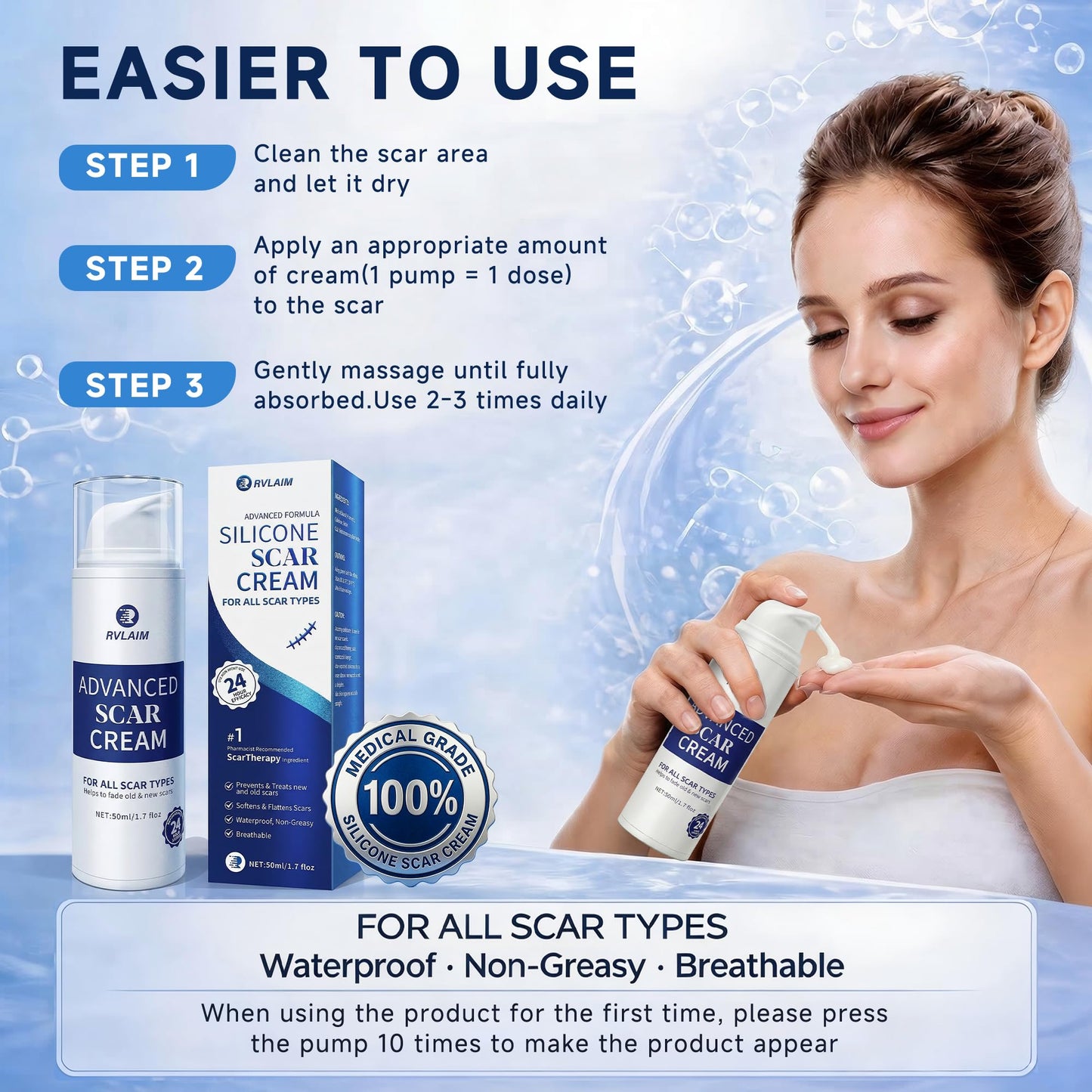 Rvlaim Silicone Scar Cream, Advanced Scar Removal Gel for Old & New Scars, Improves Color & Texture for Post-Surgery, C-Section & Acne Scars, Fast-Drying Non-Greasy Formula, 1.7 fl oz