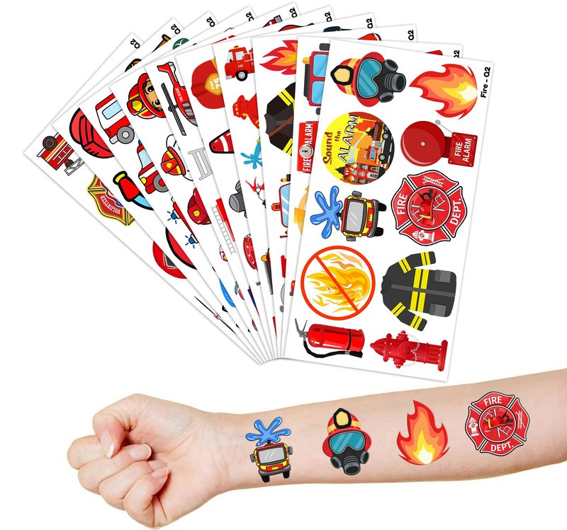 100 PCS Firetruck Temporary Tattoos for Kids - Firefighter Theme Birthday Party Supplies, Firehouse Stickers Favors & Decorations for Boys Girls School Rewards