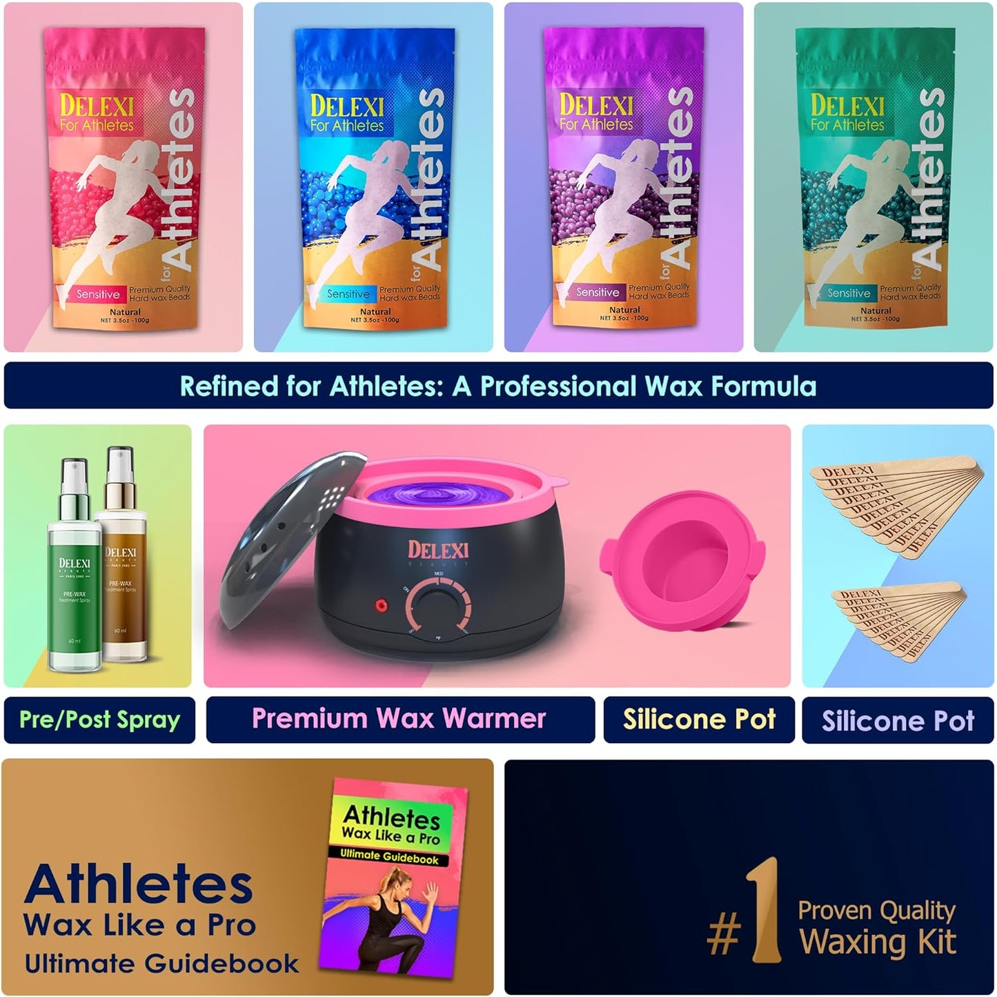 Athlete Waxing Kit - Heavy-Duty Hair Removal System for Cyclists, Swimmers & Bodybuilders | 41-Piece Grooming Set with 5 Wax Packs & Pre/Post Sprays