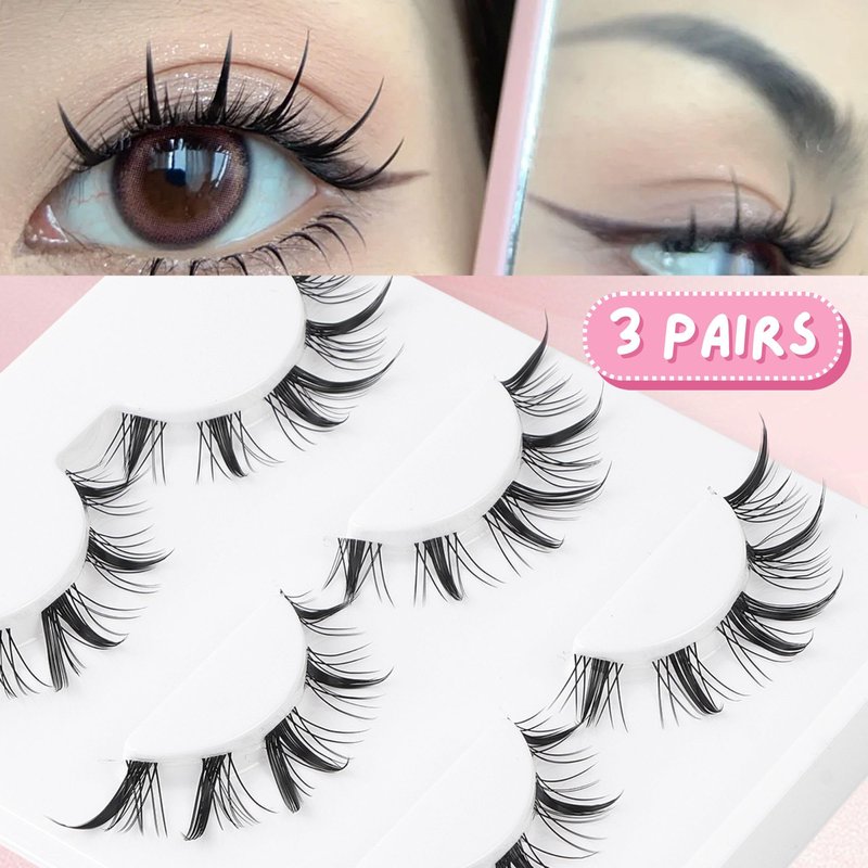 Kumiko Handmade Manga Lashes 3 Pairs Pack | Douyin False Eyelashes Manhua Anime Lashes Wispy Cat Eye | Japanese Korean Spiky Fake Eyelashes Fairy Custom Look | Ideal for Cosplay & Kawaii (Fairy Style)
