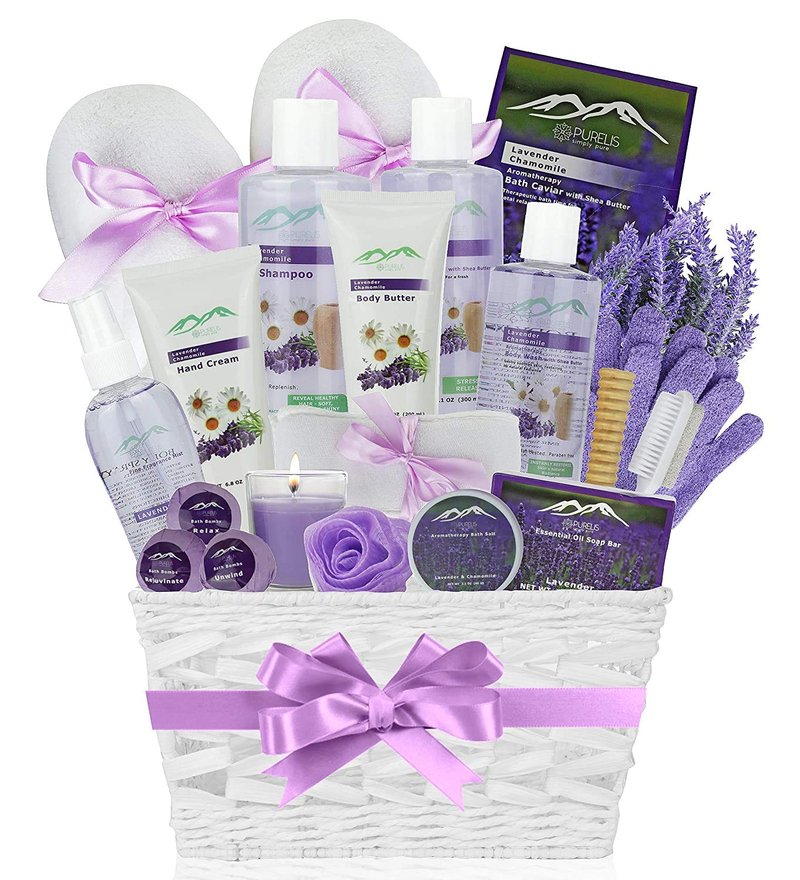 Lavender Spa Gift Basket - 20 Pc Home Spa Set with Body Lotion, Bath Bombs & More | Perfect Birthday Gift for Women