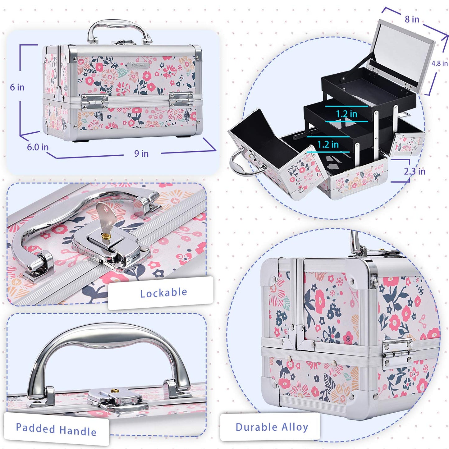 Joligrace Makeup Box Cosmetic Train Case Jewelry Organizer Lockable with Keys and Mirror 2-Tier Tray Portable Carrying Travel Storage Box for Girl - White Floral