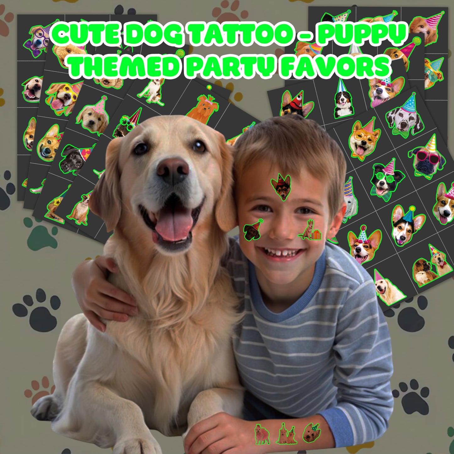 96PCS Dog Party Temporary Tattoos Stickers for Kids, Glow Dog