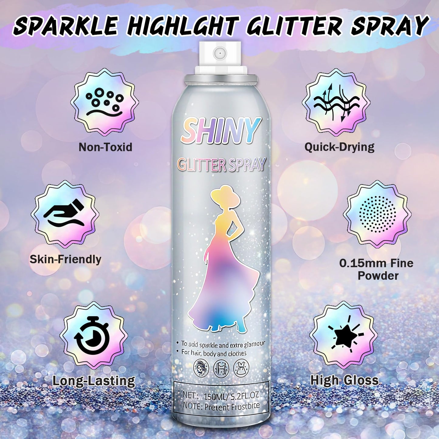 AWCCXMYM 150ML Body Glitter Spray Shiny Hair Glitter Long-Lasting and Quick-Drying Glitter Spray for Hair and Body Shimmer Glitter Hairsparay Halloween,Christmas,Festival Makeup Prom 5.2 Fl Oz