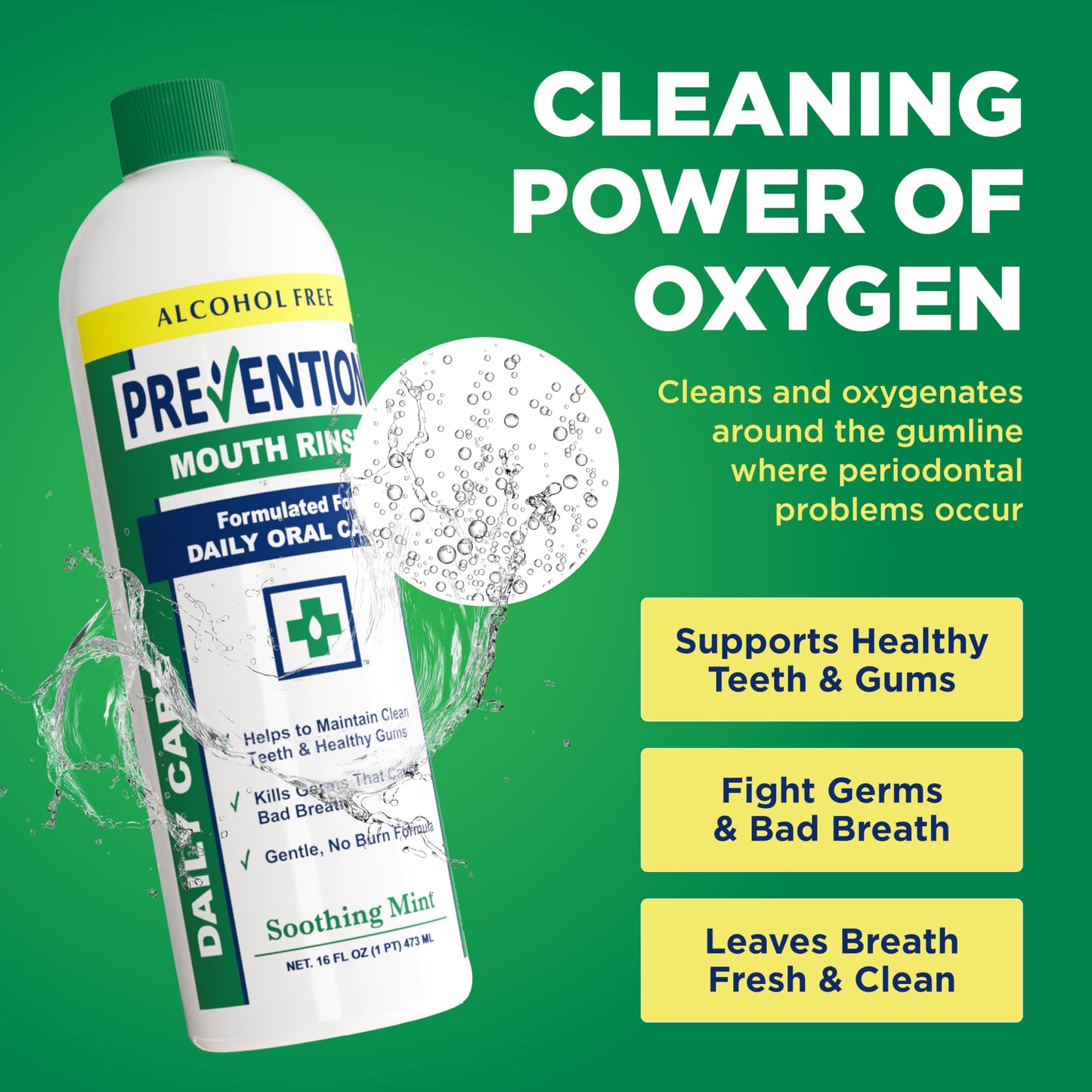 Prevention Daily Care Alcohol-Free Mouthwash, Hydrogen Peroxide Teeth Whitening with Soothing Fresh Mint for Bad Breath Treatment, Fluoride-Free Gum Care Oral Mouth Rinse 16 oz 4 Pack