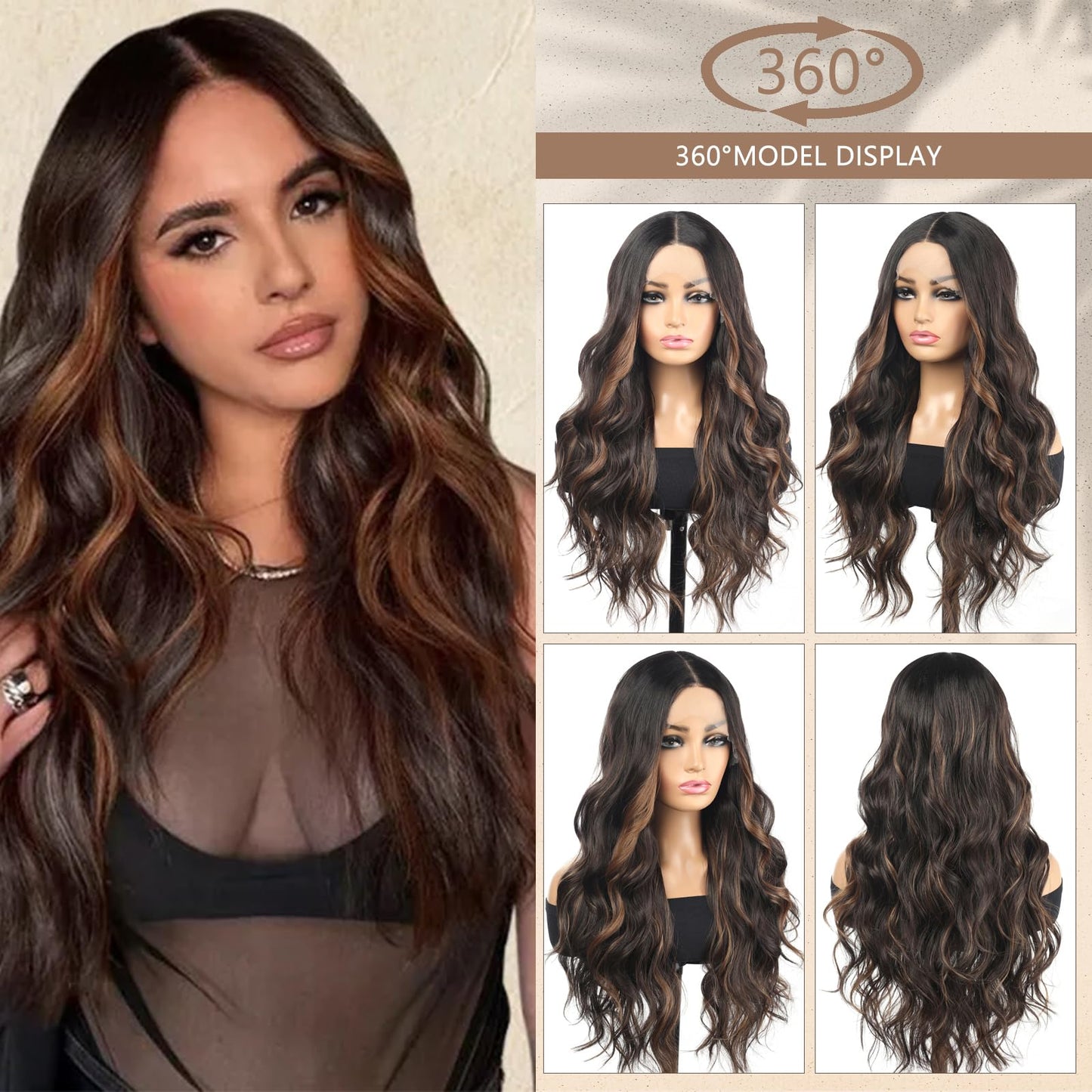 Rallarkrysset Highlight Lace Front Wig 13x4x1 Pre Plucked Ombre Brown Wigs for Women Ready to Wear HD Glueless Natural Long Wavy Wig for Women Middle Part Natural Look