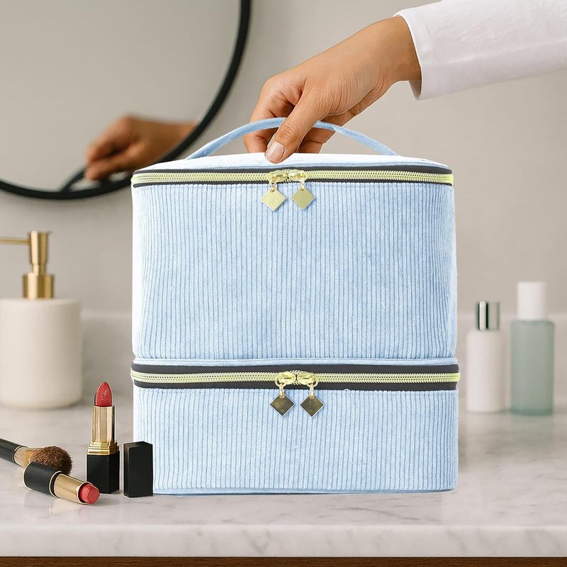 Nail Polish Organizer Bag - Double-Layer Tote for 30 Bottles & Nail Lamp | Blue Carrying Case