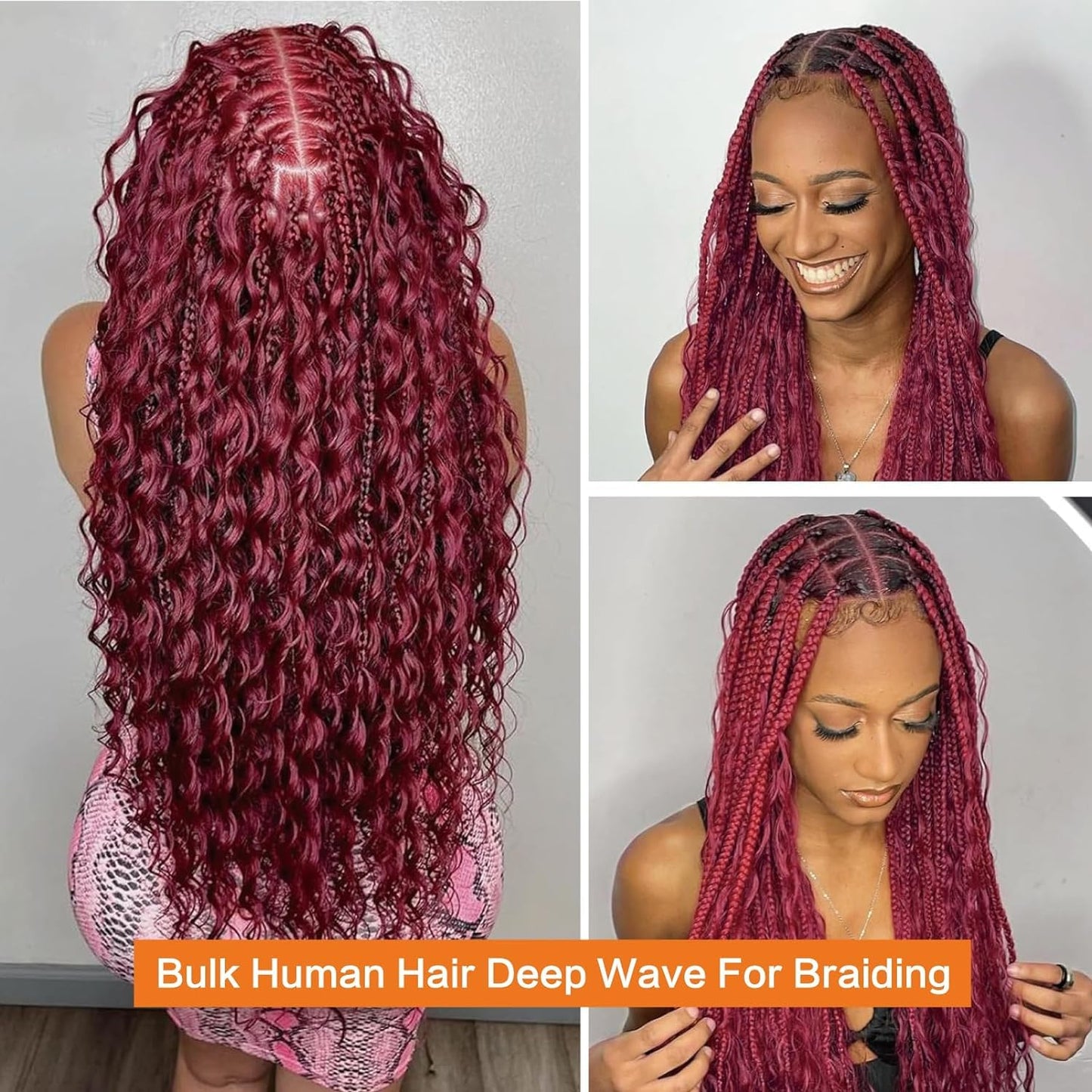 Aikebi Curly Burgundy Braiding Human Hair 100g 22 Inch 99J Burgundy Deep Water Wave Bulk Human Hair for Braiding No Weft Brazilian Virgin Deep Curly Human Hair Extensions for Boho Braids
