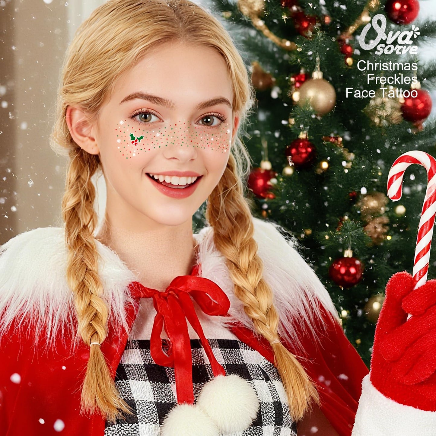 Ovasorve Christmas Face Freckles Tattoos - Enchanted Holly, Snowflakes & Berries in Classic Red, Green & White Tattoos for Christmas Costume Women, Xmas, Holiday Makeup, Festival, Stocking Stuffer