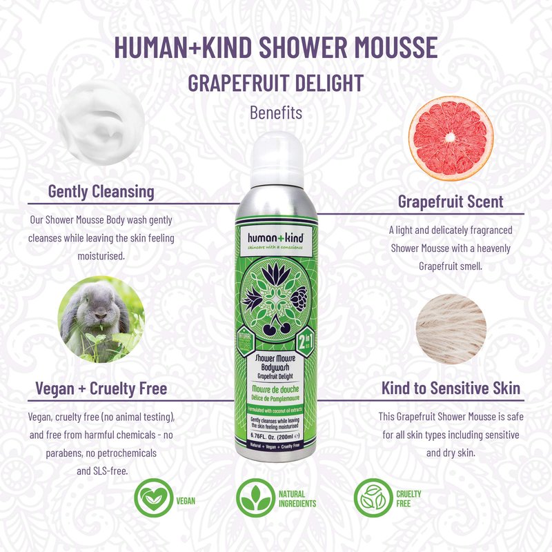 Human+Kind Shower Mousse Body Wash - Suitable For Sensitive Skin - Delicately Fragranced - Leaves Your Body Feeling Cleansed And Beautifully Soft - Nourishes Dry Skin - Grapefruit Delight - 6.76 Oz.