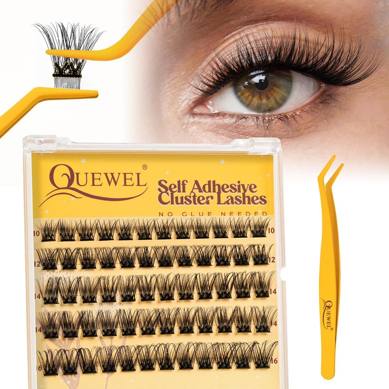QUEWEL Self Adhesive Lash Clusters Kit, Pre Glued Eyelashes Clusters, 10-16MM Strong Hold Self Adhesive Eyelashes,D Curl Press On Lashes No Glue Needed DIY Lash Extensions Kit at Home(MJ02)
