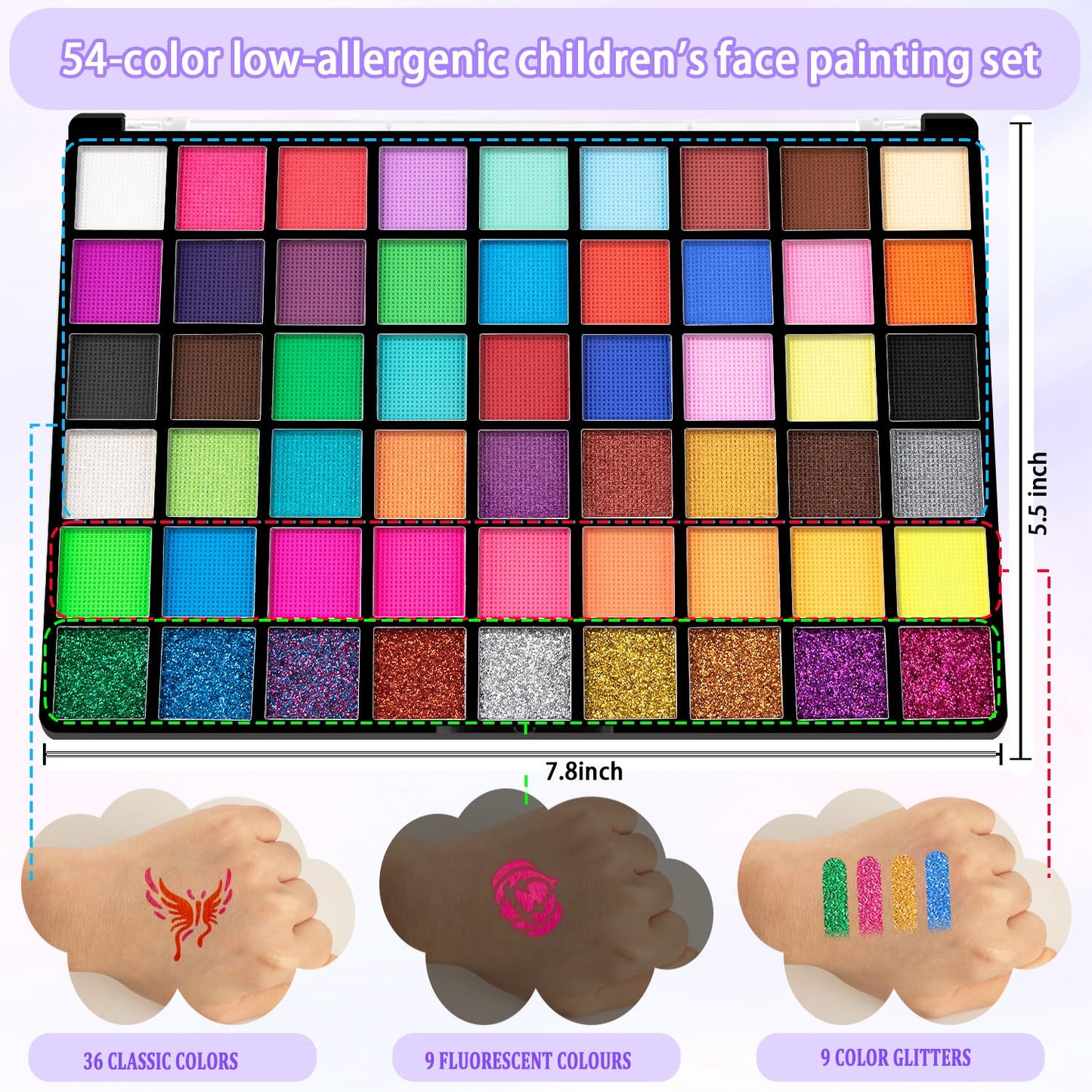 Kids Face Painting Kit,54 Color Face Painting Kit, Non Toxic Water Activated Face Paint Palette with Stencils, Brushes, Gems & Book etc. For Halloween,Christmas Carnival, Party,cosplay ctc.